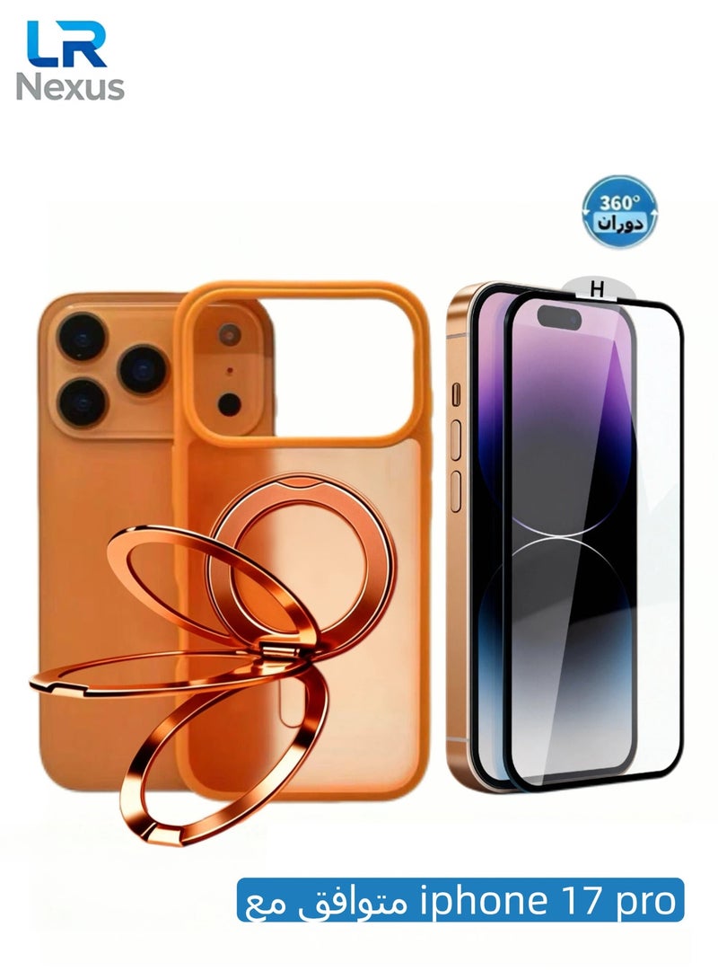 LR Nexus iPhone 17 pro-phone case with 360-degree rotatable stand - MagSafe magnetic phone case, comes with high-definition tempered glass screen protector, Free Tempered Glass Included!(Orange) - Image 1